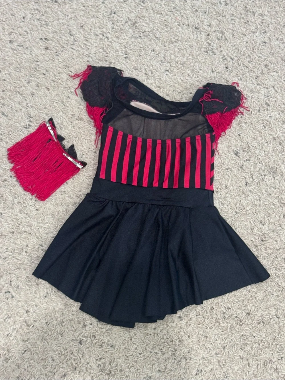 Weissman Black and Red Striped Dance Dress with Fringe Accent, Jazz Tap Costume